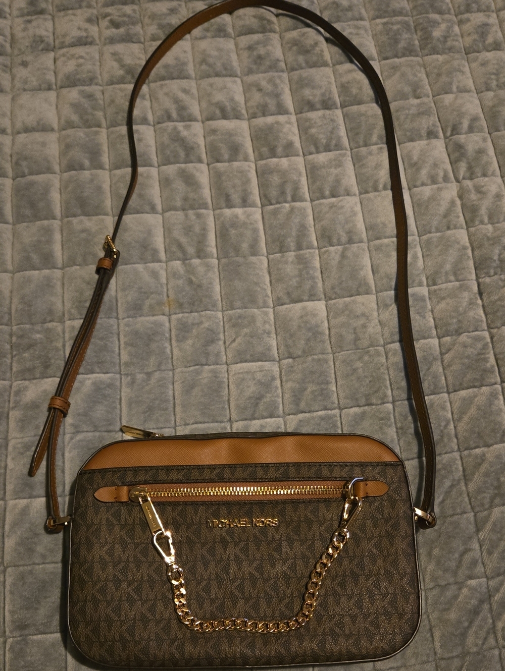 Michael Kors Brown MK Logo Crossbody with Gold Chain Accent